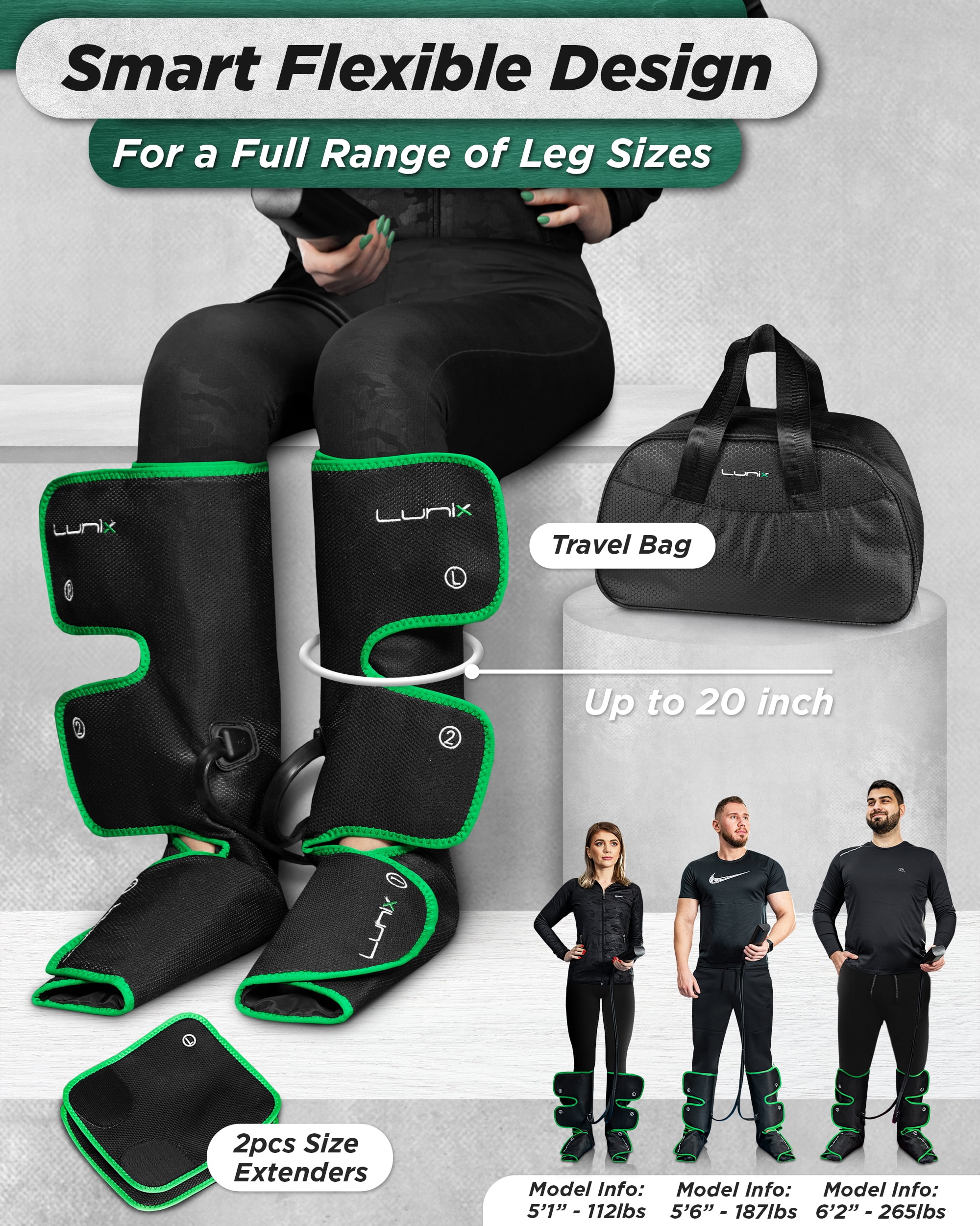 Lunix LX1 Foot and Calf Compression Massager, Cordless Rechargeable Leg Massager with Heat, Forest Green