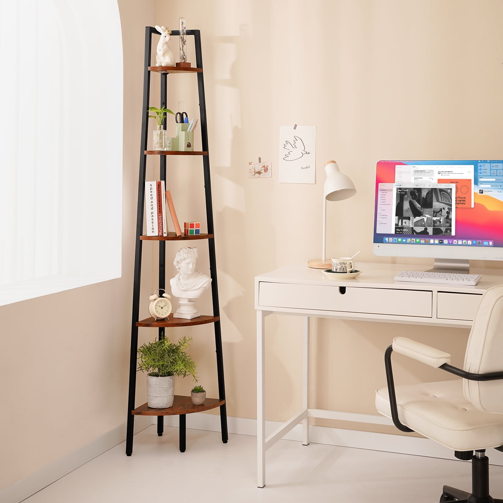 Yoobure 5 Tier Ladder Corner Bookcases, Wood Brown