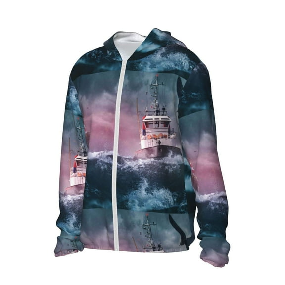 Picia Boat Lighthouse Storm Waves Women's Men's UPF 50  Sun Protection Hoodie Shirt Long Sleeve SPF Fishing Outdoor UV Hiking Lightweight Shirts-Small