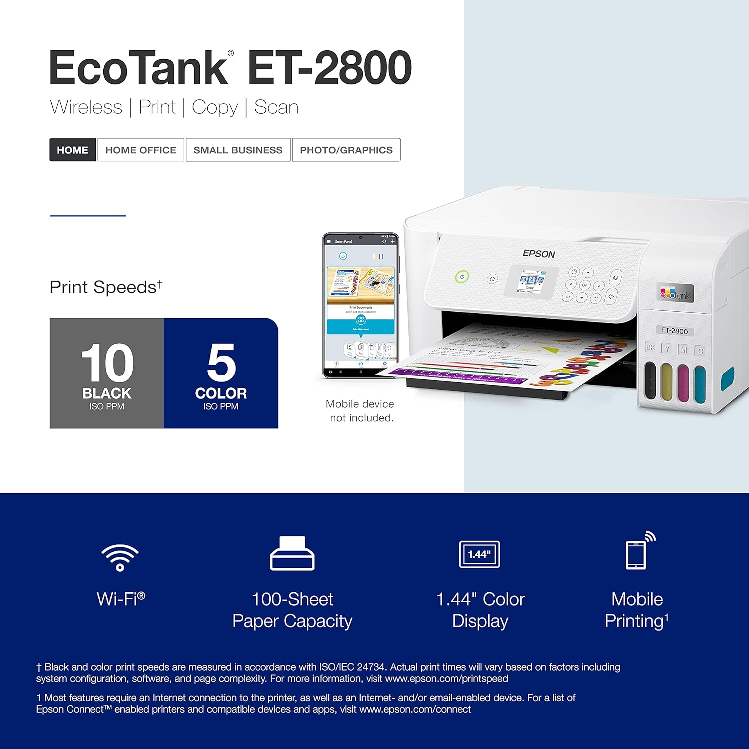 Epson EcoTank ET-2800 Wireless Color All-in-One Cartridge-Free Supertank with Scan and Copy, The Ideal Basic Home Printer - White (Sold without manufacturer warranty)