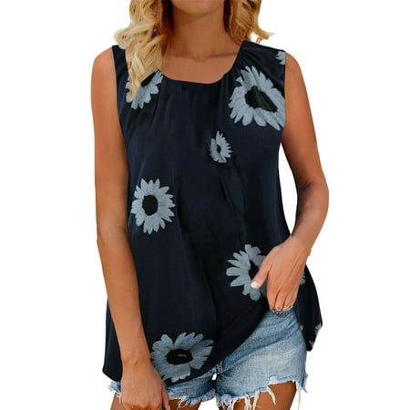 

NECHOLOGY Long Top Women Women Sleeveless Tunics Summer Casual Flower Print Pleated Tees Tanks Casual Crew Neck Pajama Shirt Women Vest Navy Large