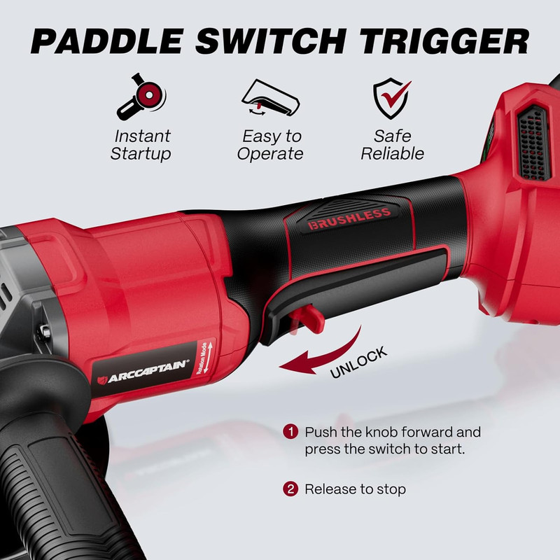 ARCCAPTAIN 5" Brushless Angle Grinder Kit w/ 2 Batteries | 9500 RPM Paddle Switch | 180° Rotatable Head for Cutting, Grinding, and Polishing
