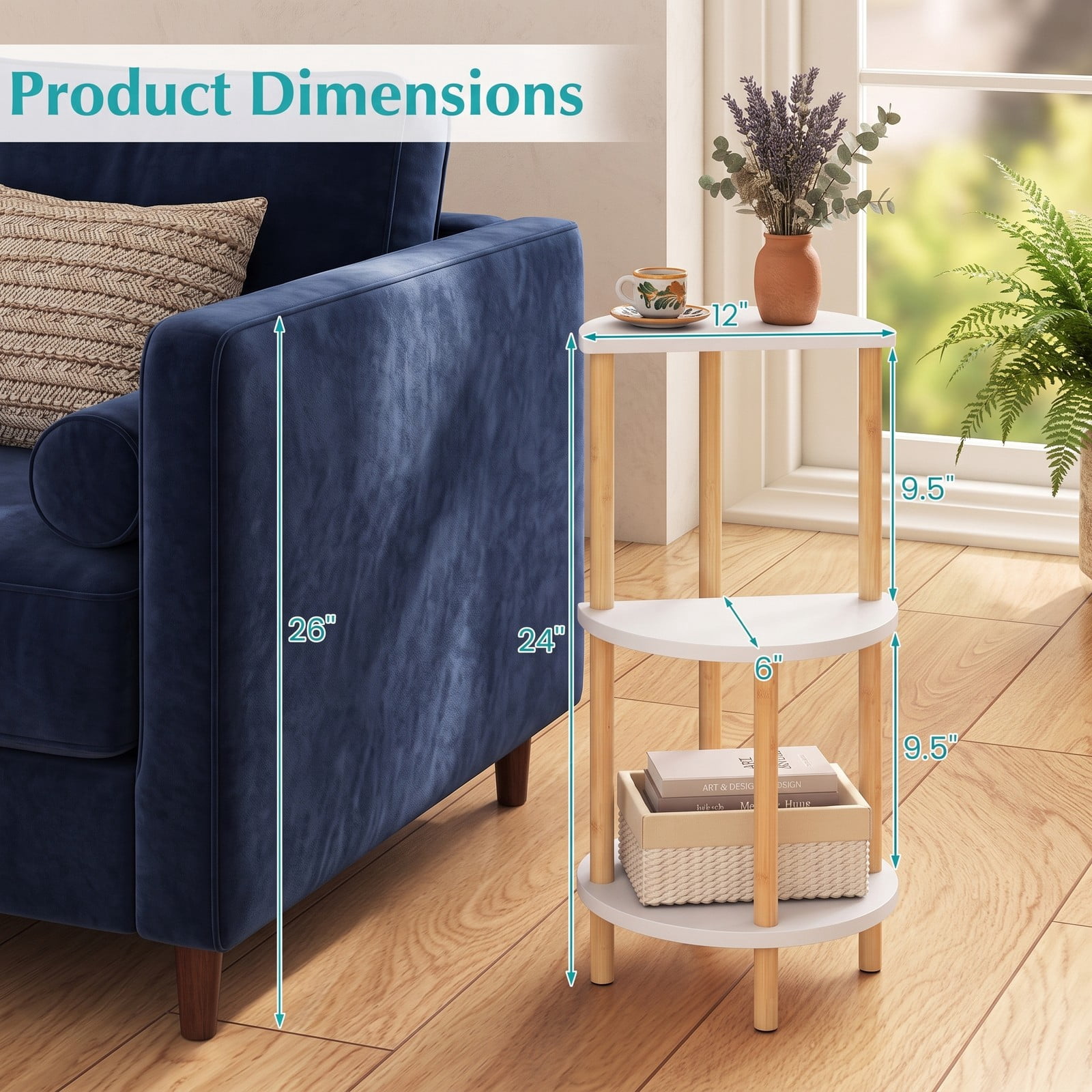 Furnibear Set of 2 Round Bamboo Side Tables, 3-Tier End Table with Open Storage Shelves, Compact Nightstand Sofa Accent Table for Living Room Bedroom Study, White