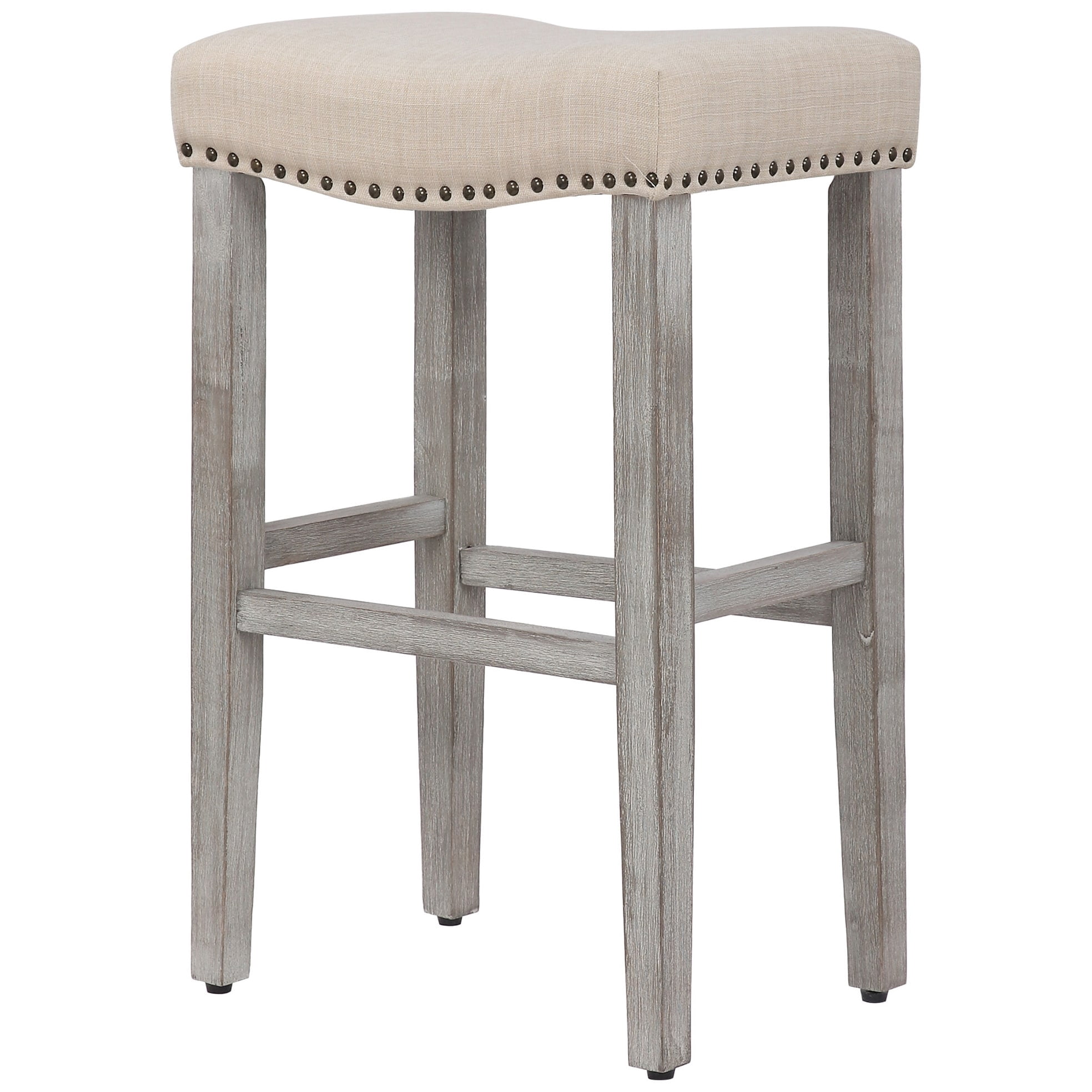 Polytrends Jameson Upholstered Polyester 29" Bar Stool - Saddle Seat (Set of 2) Gray Legs Beige