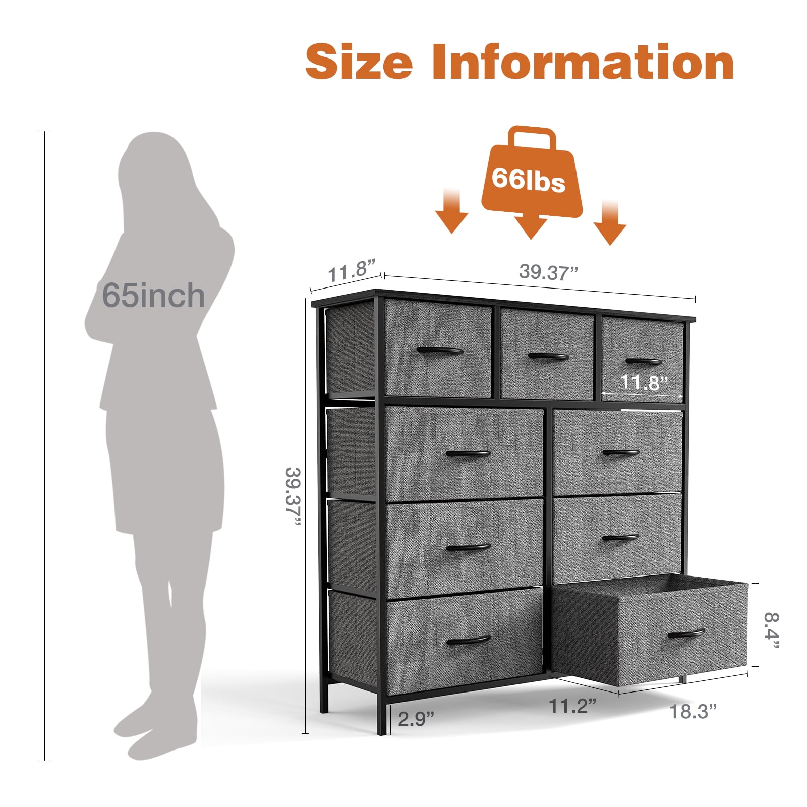 CONCETTA 9-Drawer Fabric Dresser Storage Chest for Bedroom, Closet, Storage Furniture for Adults, Gray