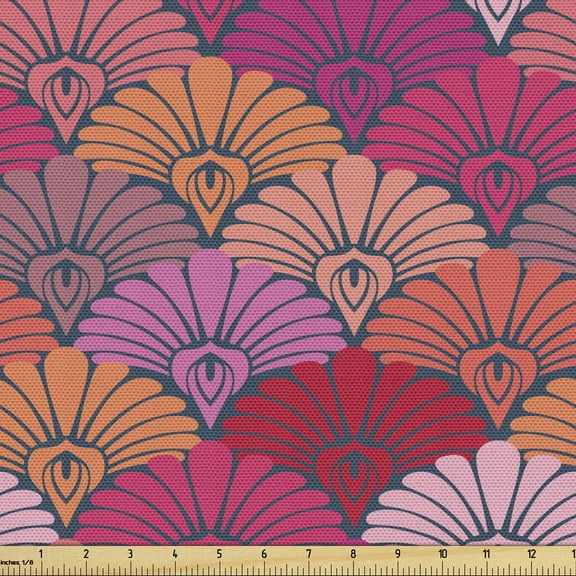 Ambesonne Squama Fabric by the Yard Upholstery, Floral Semi-circular Motifs, 3 Yards, Multicolor