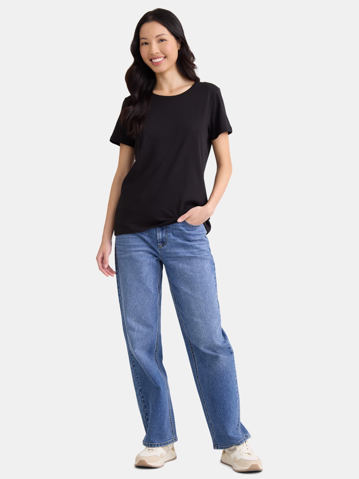 Time and Tru Women's Cotton Crewneck Tee with Short Sleeves, Size XS-XXXL