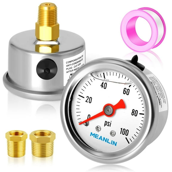 MEANLIN MEASURE 0~100Psi Stainless Steel 1/8" NPT 1.5" FACE DIAL, Glycerin Filled Pressure Gauge, Liquid Filled, Water Oil Air, Back Mount, with 1/8" x 1/4" NPT and 1/8" x 3/8" NPT Hex Bushing