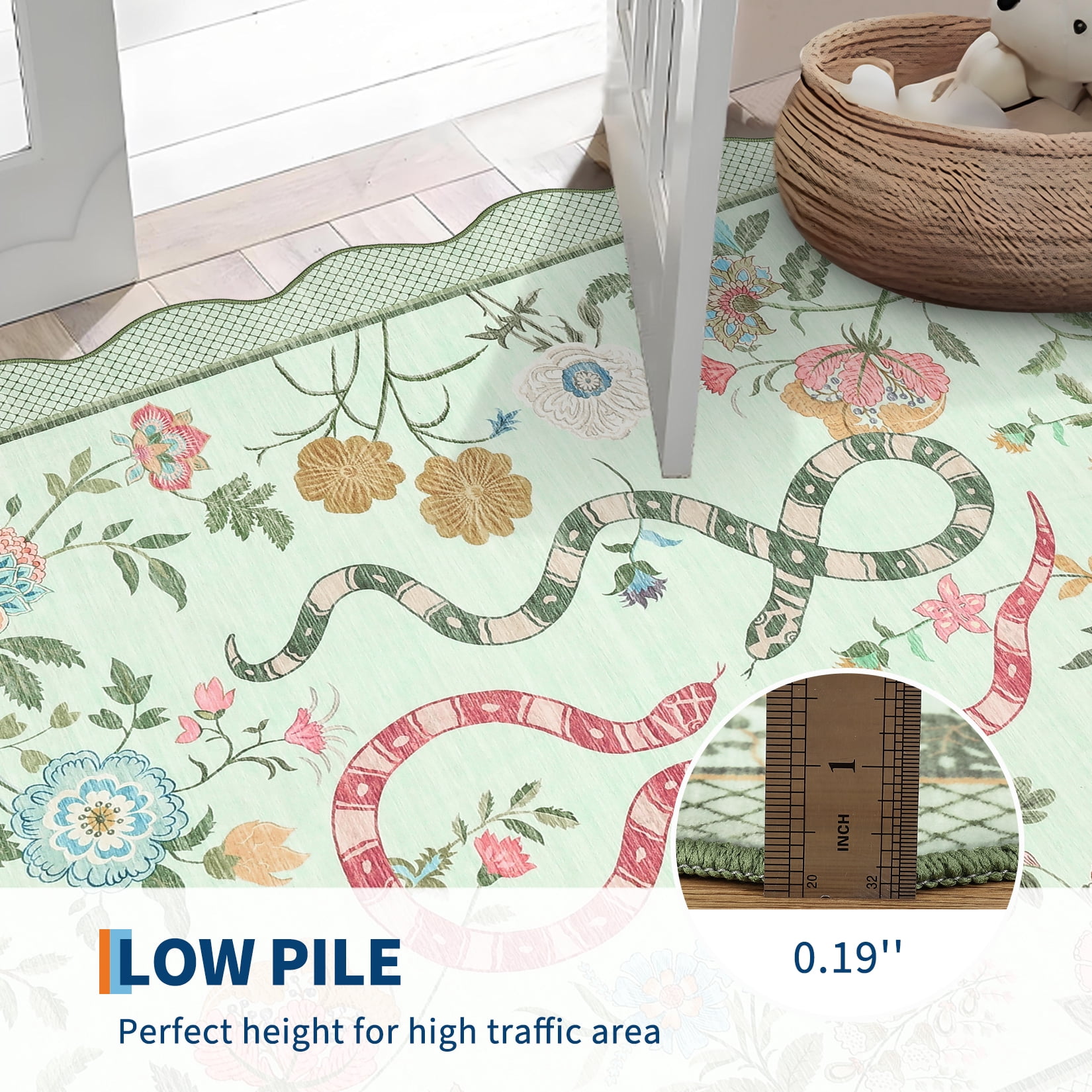 Hasoo Washable Living Room Area Rug 5x7 Modern Floral Snake Non-Slip Soft Low Pile Scalloped Indoor Green Carpet
