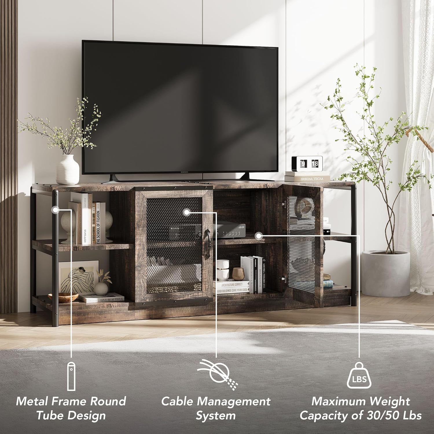 Twister.CK TV Stand for TVs up to 75", Entertainment Center with Storage Cabinet, Rustic TV Media Console Table for Living Room, Rustic Oak