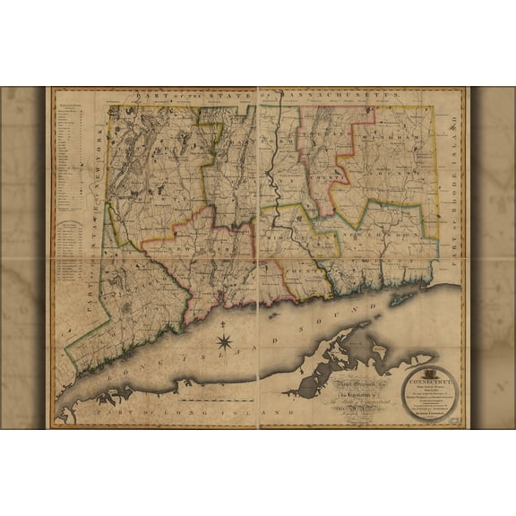 24"x36" Gallery Poster, map of Connecticut 1813