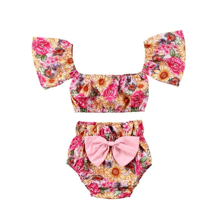 

Hirigin Baby Girls Flower Crop Tops Shorts Bottoms 2 Pcs Floral Outfits Set 0-24M