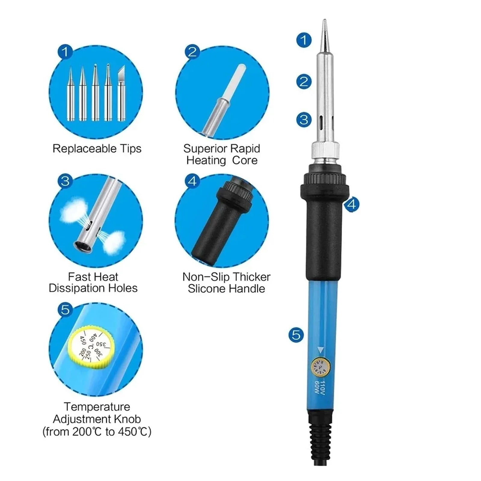 60W Adjustable Temperature Welding Solder Rework Station Heat Pen Tips Electric Soldering Iron for Repairing ,Internally Heated