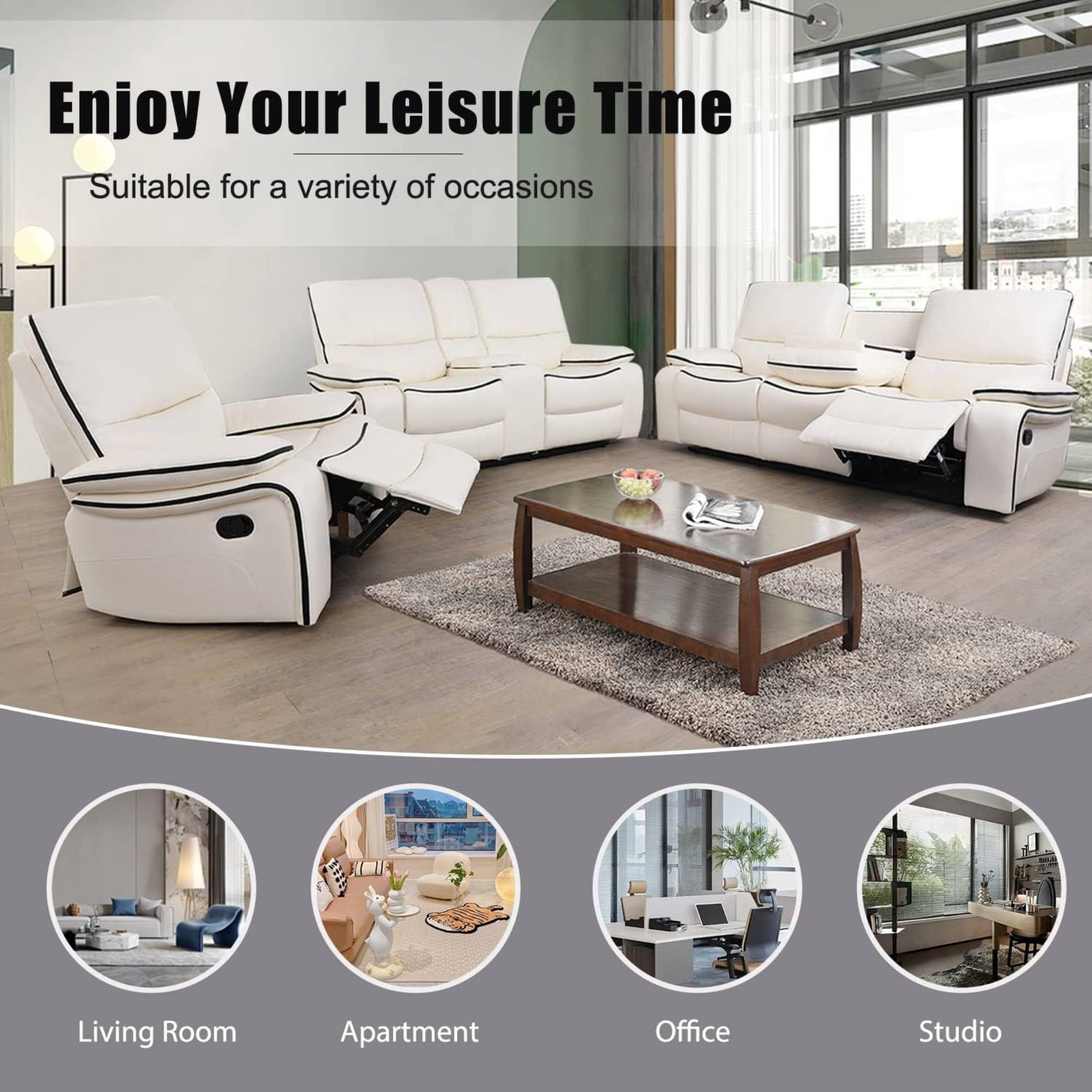 Manual Leather Recliner Chair Reclining Sofa Chair with Storage Console & Cup Holder for Living Room, White