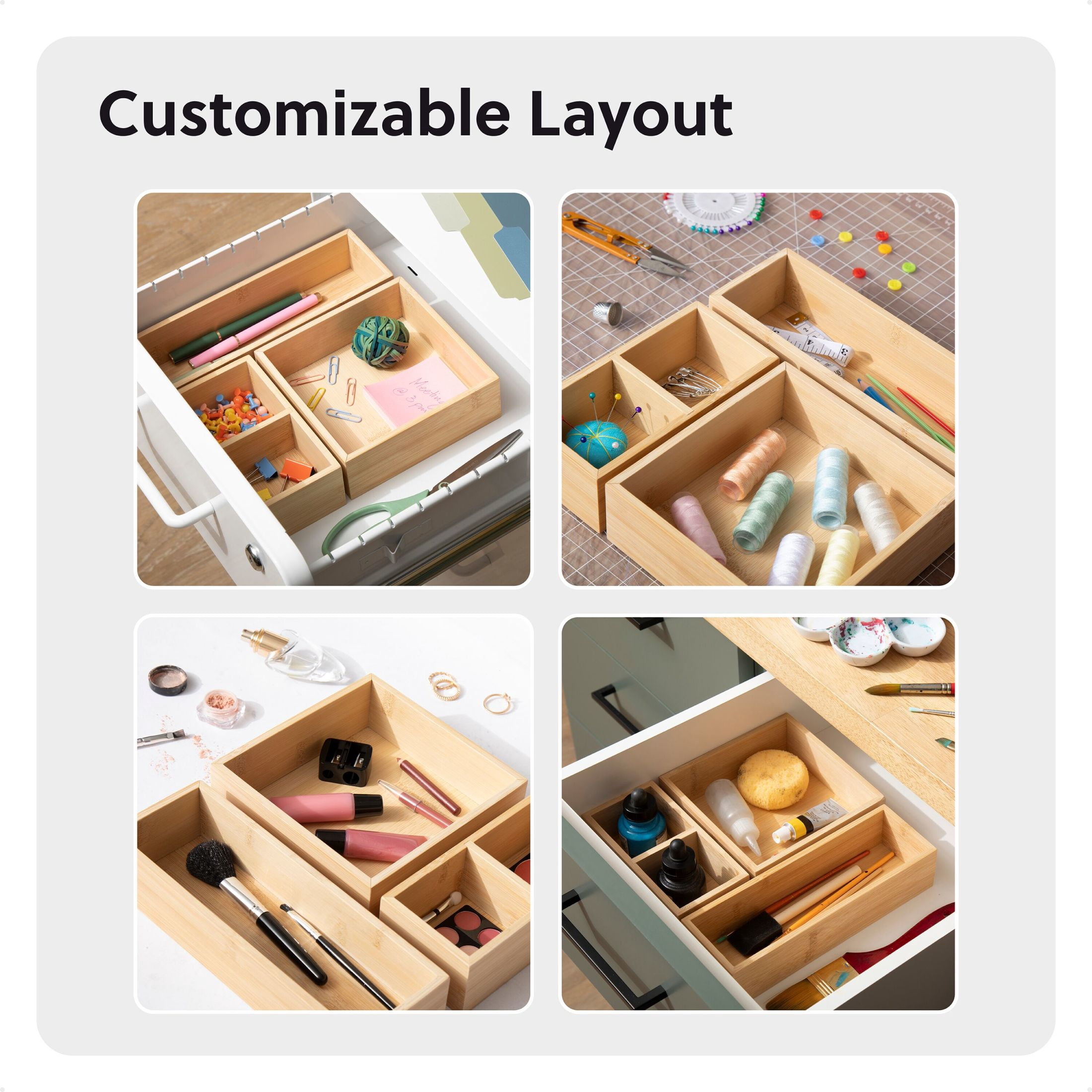U Brands Verona Drawer Organizer, 9x9x2 in., Bamboo, Great Storage Solution for Drawers, 4 Compartments
