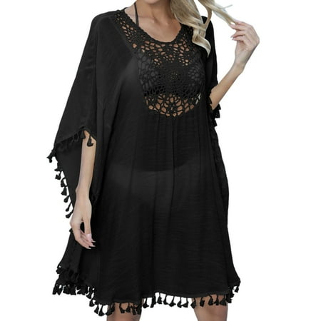 RUTAYY Women Swimwear Beach Vacation Cover Up Beach Hawaii Clothing Hand Crocheted Floral Stitching Tassel Bikini Up Dress Tropical Swim Wear