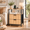 thumbnail image 2 of Ktaxon Nightstand with Charging Station End Table with 2 Fabric Drawers Bedside Table Furniture for Bedroom, Living Room,Fluted Oak Wave Design, 2 of 11