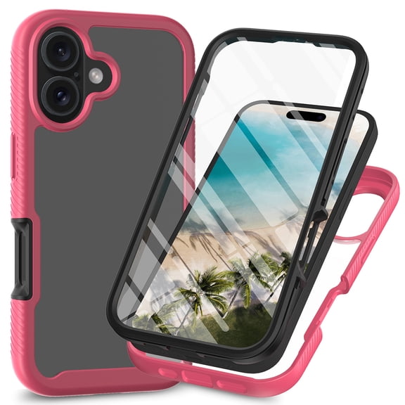 Compatible with iPhone 16 Case, Dustproof Shockproof Case with Built-in Screen Protector, Bumper Frame Heavy Duty Full Body Protective Cover for iPhone 16, Pink
