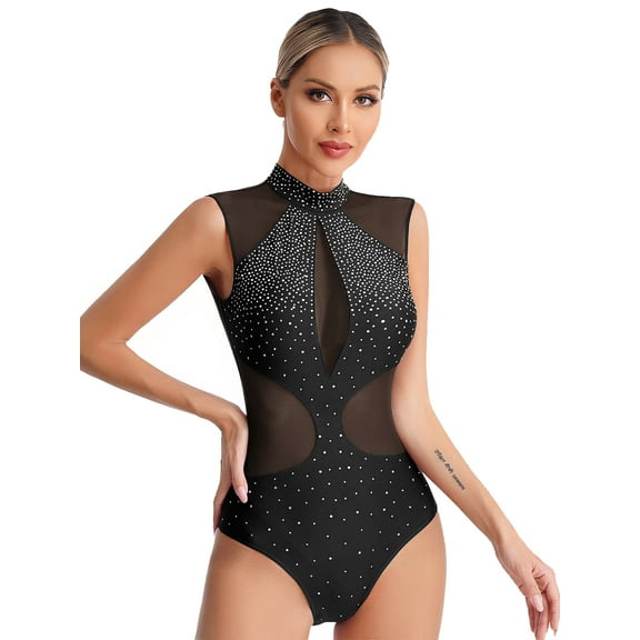 Doomiva Women's Rhinestones Bodysuit Cutout Back Gymnastic Ballet Dance Leotard Figure Skating Dancewear Black XL