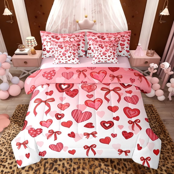 Erosebridal Cartoon Heart Bowknot Twin Bedding Sets, Red White Pink Bedding Comforter Set, Pink Reversible, 7 Pieces
