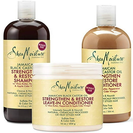Shea Moisture Jamaican Black Castor Oil Combination Pack â€“ Strengthen, Grow & Restore System â€“ 16.3 oz Shampoo, 13 oz. Conditioner & 16 oz. Leave-In