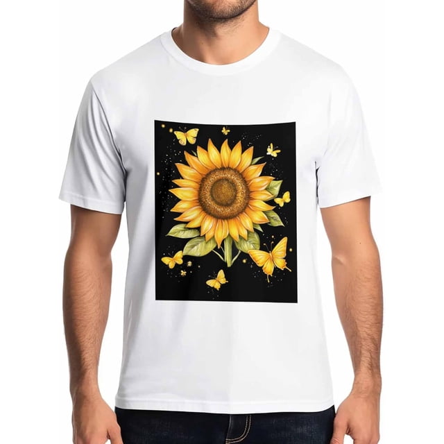 Camisetas de manga corta con girasoles de granja para hombre, camisetas de cuello redondo con mariposas amarillas para hombre