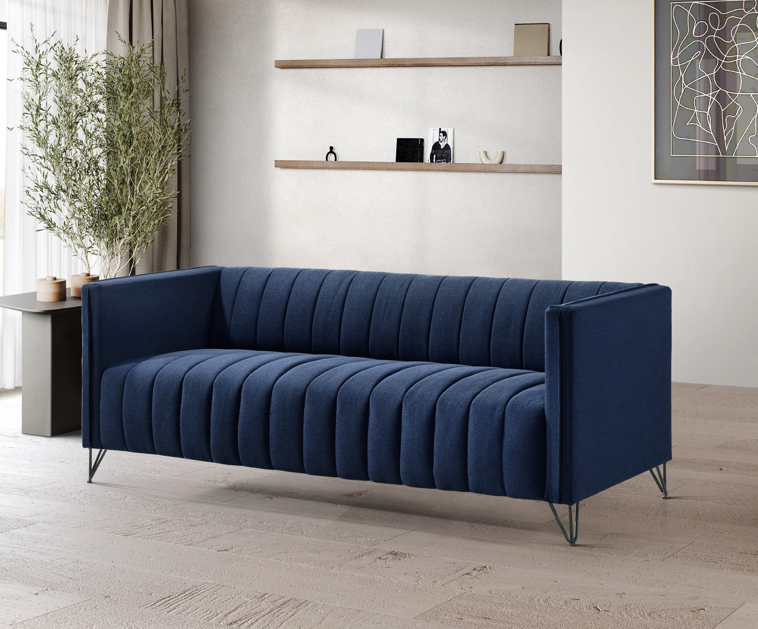 Home Design Kurtis Square Arm Sofa with Tufted Velvet Upholstery and Gold Metal Legs, Flared Arms, Modern Living Room Seating, Blue