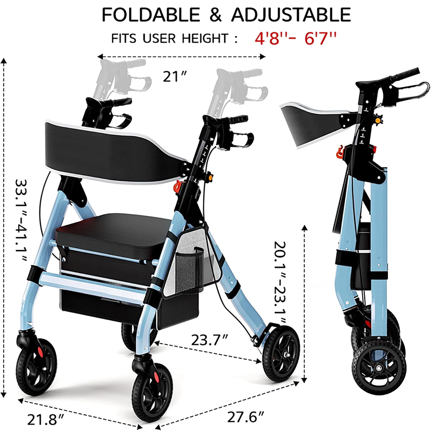 Rollator Walker with Seat for Seniors, Heavy Duty Rolling Walker and Mobility Aid with 450 lb Capacity and 8 Inch Wheels, Blue