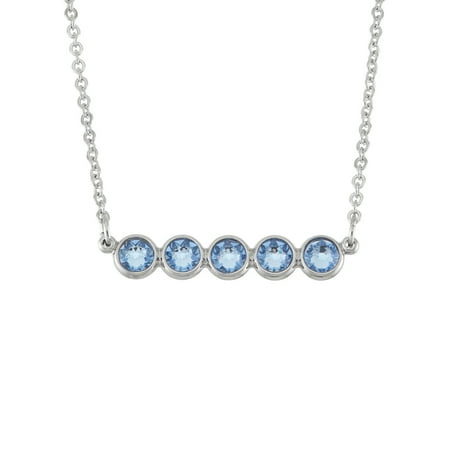 - X & O Rhodium Plated Flat Back Horizontal Bar Necklace With Swarovski Crystals in Light Sapphire