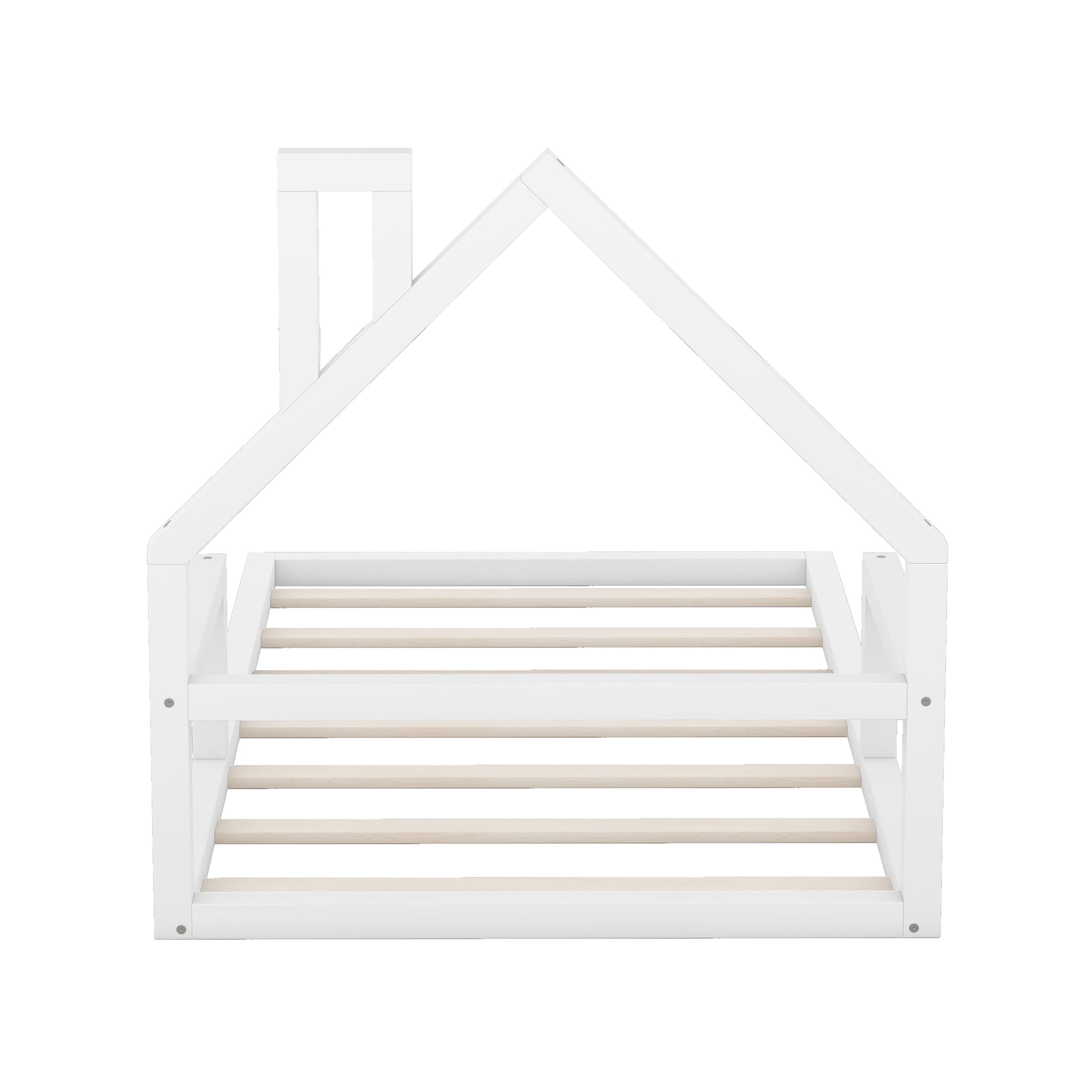 Euroco Twin Size Wood Floor Bed for Kids Room, White