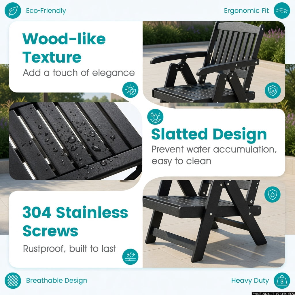 Hommoo Foldable HDPE Outdoor Dining Chair with Armrests, All-Weather, Rustproof, Space-Saving Patio Chair for Backyard, Balcony & Indoor Use, Black