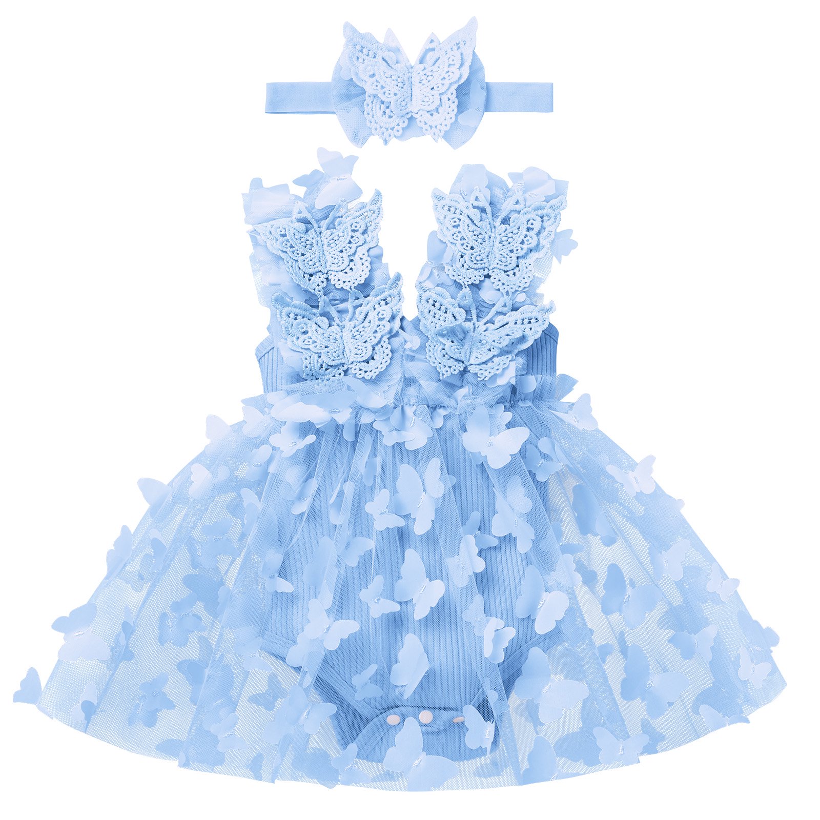 IBTOM CASTLE Newborn Baby Girl 1st Birthday Outfit Butterfly Lace Tulle Romper Dress with Headband Cake Smash Photo Shoot