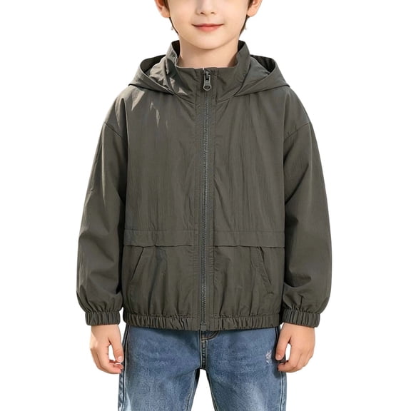Boys Lightweight Hooded Windbreaker Jacket, Long Sleeve Full Zip Loose Fit with Pockets for Casual Outdoor Wear, Army Green, 4-5 Years
