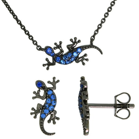 Plated Gecko - Dainty Sterling Silver Gecko Earrings Necklace Set Blue CZ Micropave Black Rhhodium Plated 3/4 inch (18mm) wide