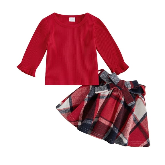 Aojekbee Toddler Girls Fall Outfits Solid Ribbed Long Sleeve Tops with Plaid Print A-Line Skirt and Belt Set