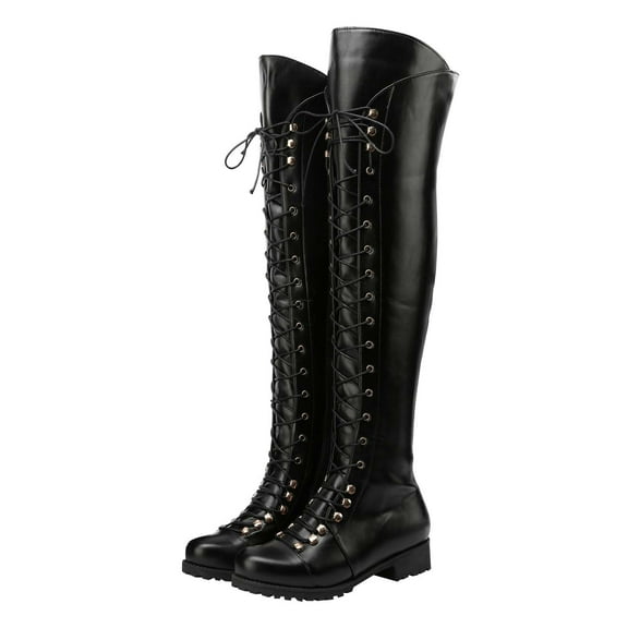 prrcolt Womens Over The Knee High Boots PU Leather Block Low Heel Pointed Toe Riding Boots Lace-up Tall Long Punk Boots with Side Zip