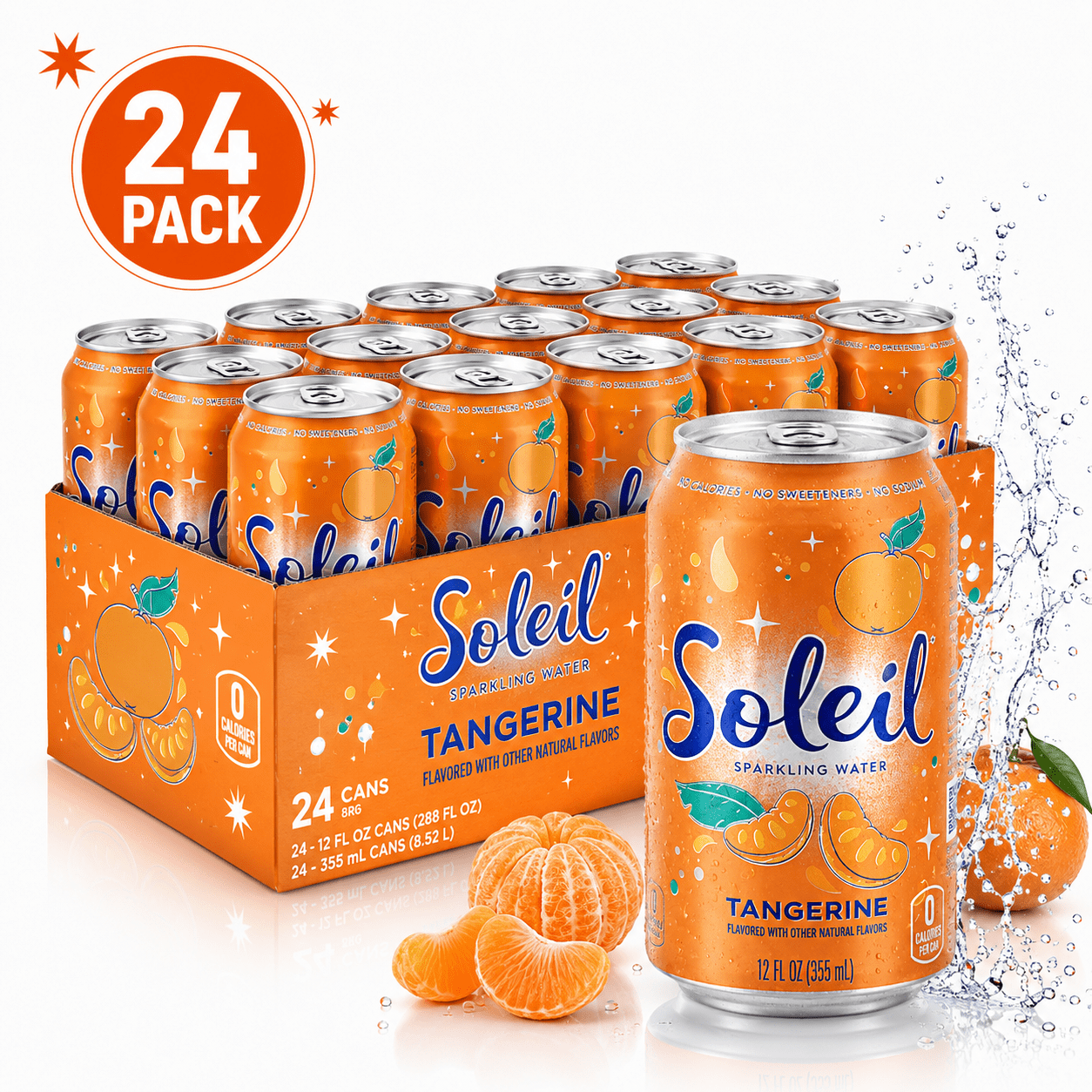 Soleil Tangerine Sparkling Water 12 Fl Oz Cans 24 Pack Refreshing Beverage