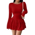 thumbnail image 3 of Stichou Women's Spring Long Sleeve Dresses 2026 Mock Neck Ruched Y2K Clothes Ruffle Layered Bodycon Mini Party Dress Red M, 3 of 7