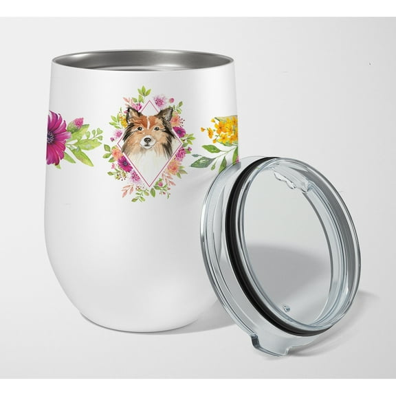 Carolines Treasures CK4213TBL12 Sheltie Pink Flowers Stainless Steel 12 oz Stemless Wine Glass 12 oz multicolor