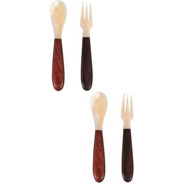 OUNONA 2 Sets  of 2pcs Wooden Handle Shell Dinnerware Milk Mixing Fork Caviar Spoon