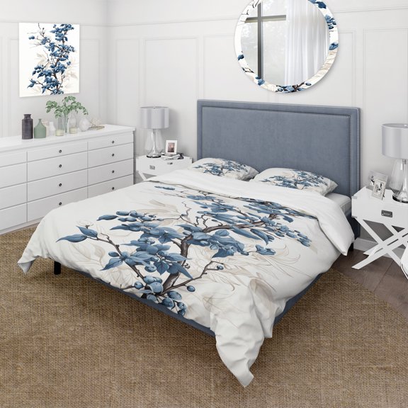 Designart "Windy Beauty in White & Blue Trees I" Tree Bedding Covert Set - Landscapes Blue Modern Bed Set With 2 Shams