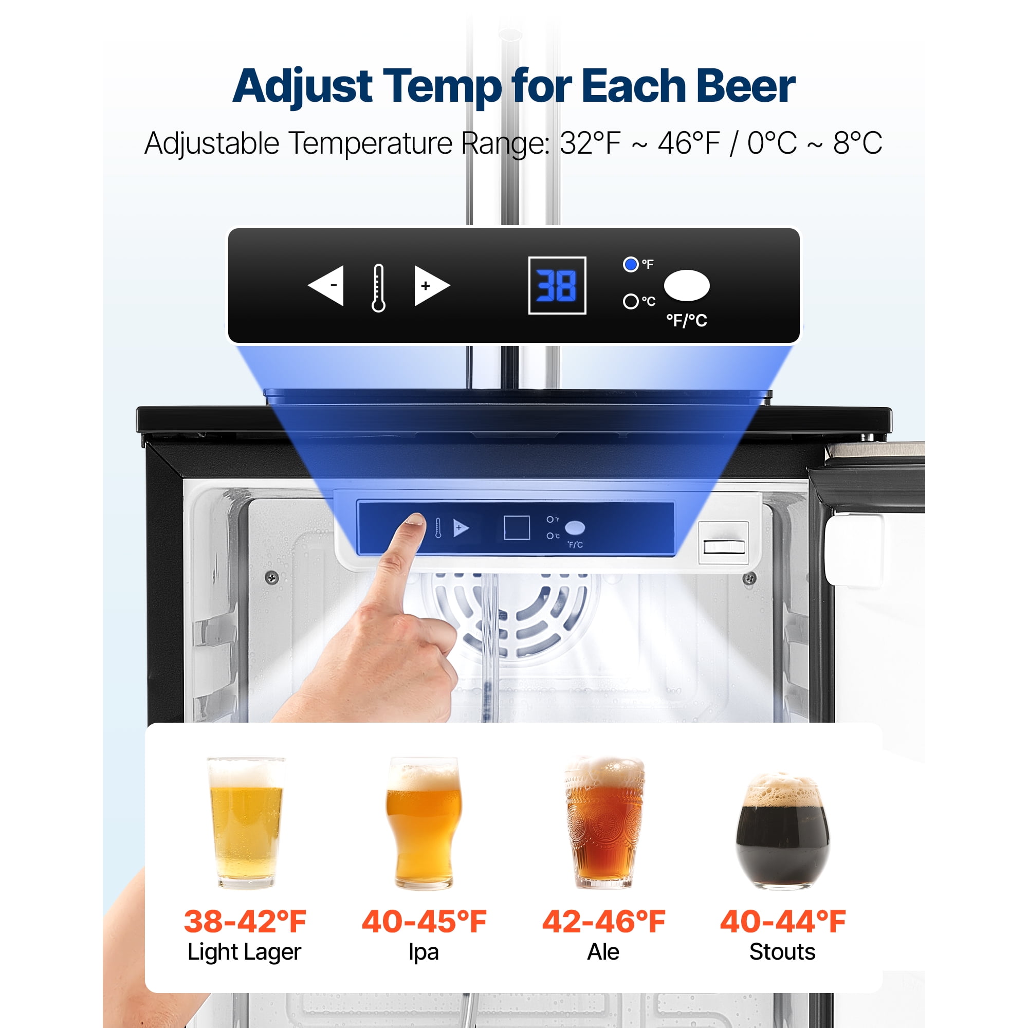 KFFKFF Single Tap Beer Kegerator, Draft Beer Dispenser for D System, Refrigerator with Shelves, Fits 1 Sixth Keg, Includes 2.5lbs CO2 Tank, 92L Capacity