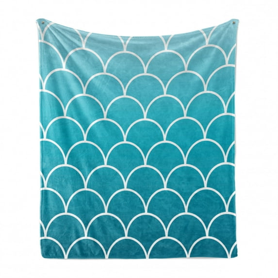 Aqua Ombre Soft Flannel Fleece Throw Blanket, Fish Scale Design Squama with Blue Color Palette Mermaid Tail, Cozy Plush for Indoor and Outdoor Use, 60" x 80", Sea Blue Aqua and White, by Ambesonne