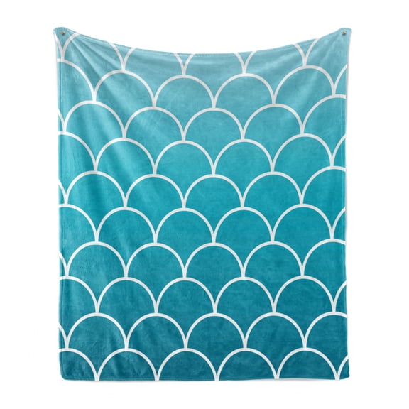Aqua Ombre Soft Flannel Fleece Throw Blanket, Fish Scale Design Squama with Blue Color Palette Mermaid Tail, Cozy Plush for Indoor and Outdoor Use, 70" x 90", Sea Blue Aqua and White, by Ambesonne