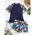 thumbnail image 2 of Tropical Plant Print Drawstring 2 Piece Set Rush Guard Tankini, Short Sleeve Crew Neck Stretchy Sun Protection Patchwork Top Shirt & Boxer Shorts Swimsuit For Surfing Water Sport, Women's Swimwear & C, 2 of 5