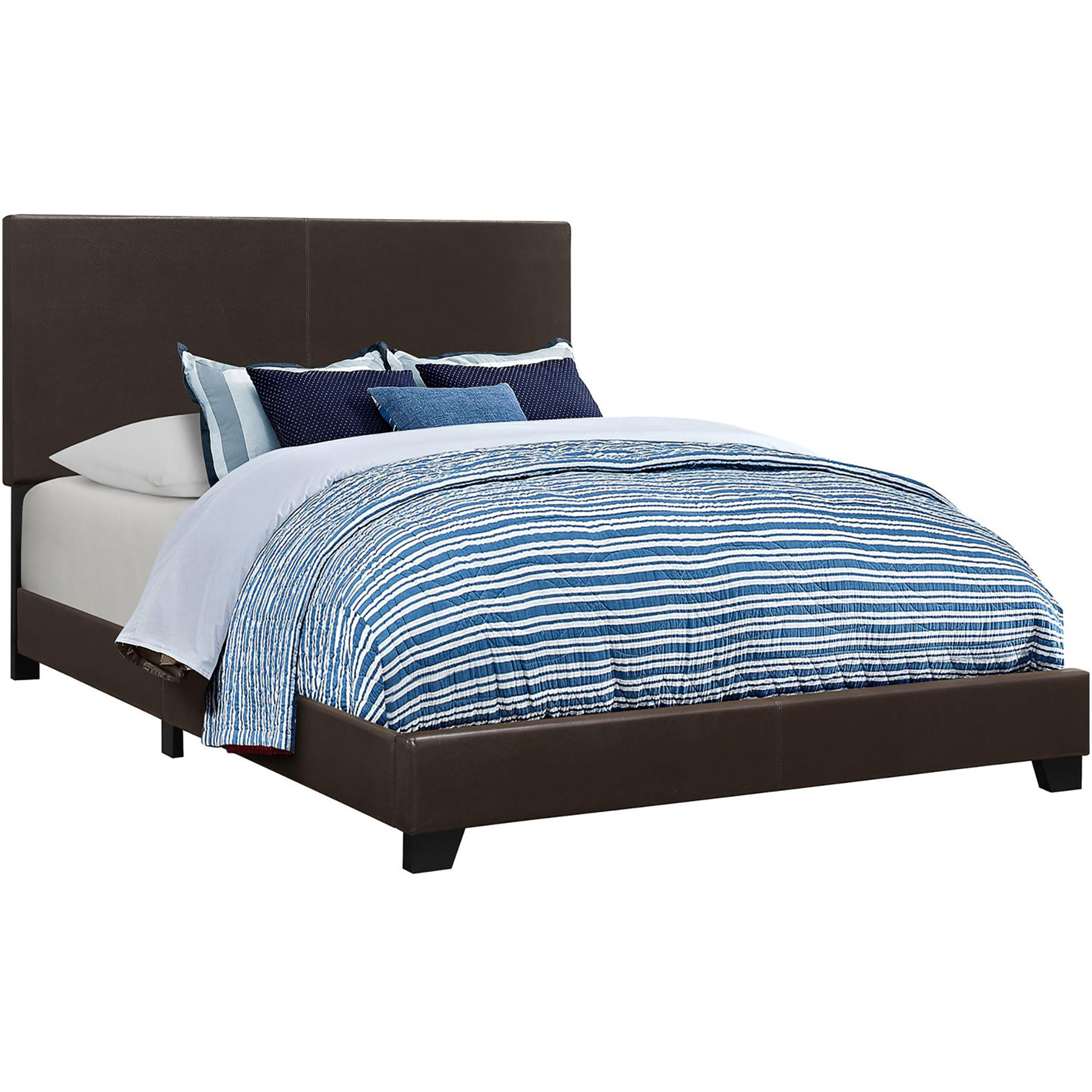 JERFIT Queen Upholstered Bed Frame with Panel Headboard, Modern Faux Leather Platform Bed, Brown