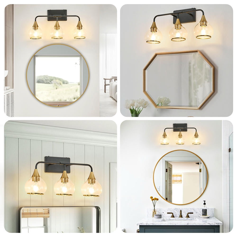 Kadyn Wall Lights, Wall Lamps, 23" Modern 3-Light Vanity Wall Sconce, Black and Gold Bathroom Light Fixture with Clear Glass Shades(Bulb Not Included)