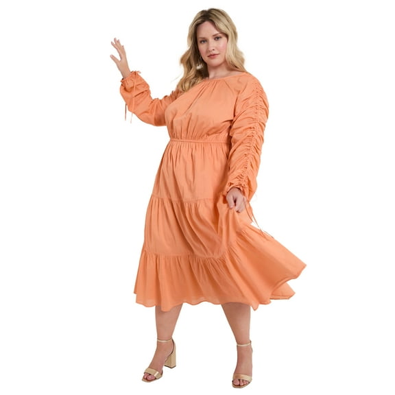 June & Vie Women's Plus Size Cotton Voile Ruched Midi Dress