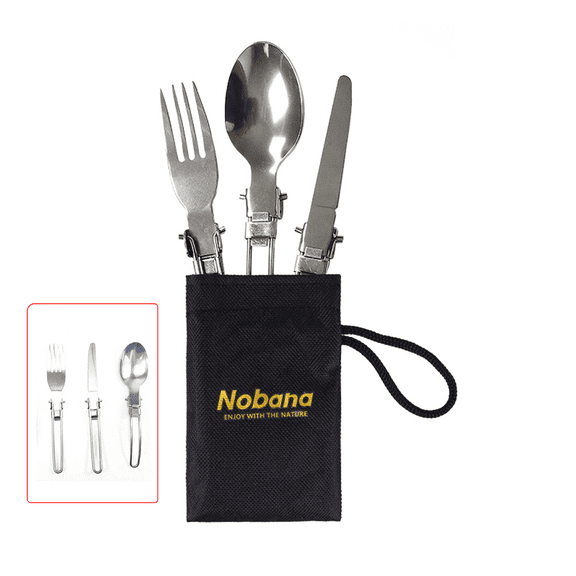Velnora HW 3 PCS Folding Fork Spoon Knife Stainless Steel Outdoor Camping Hiking Picnic Flatware Reusable Silver