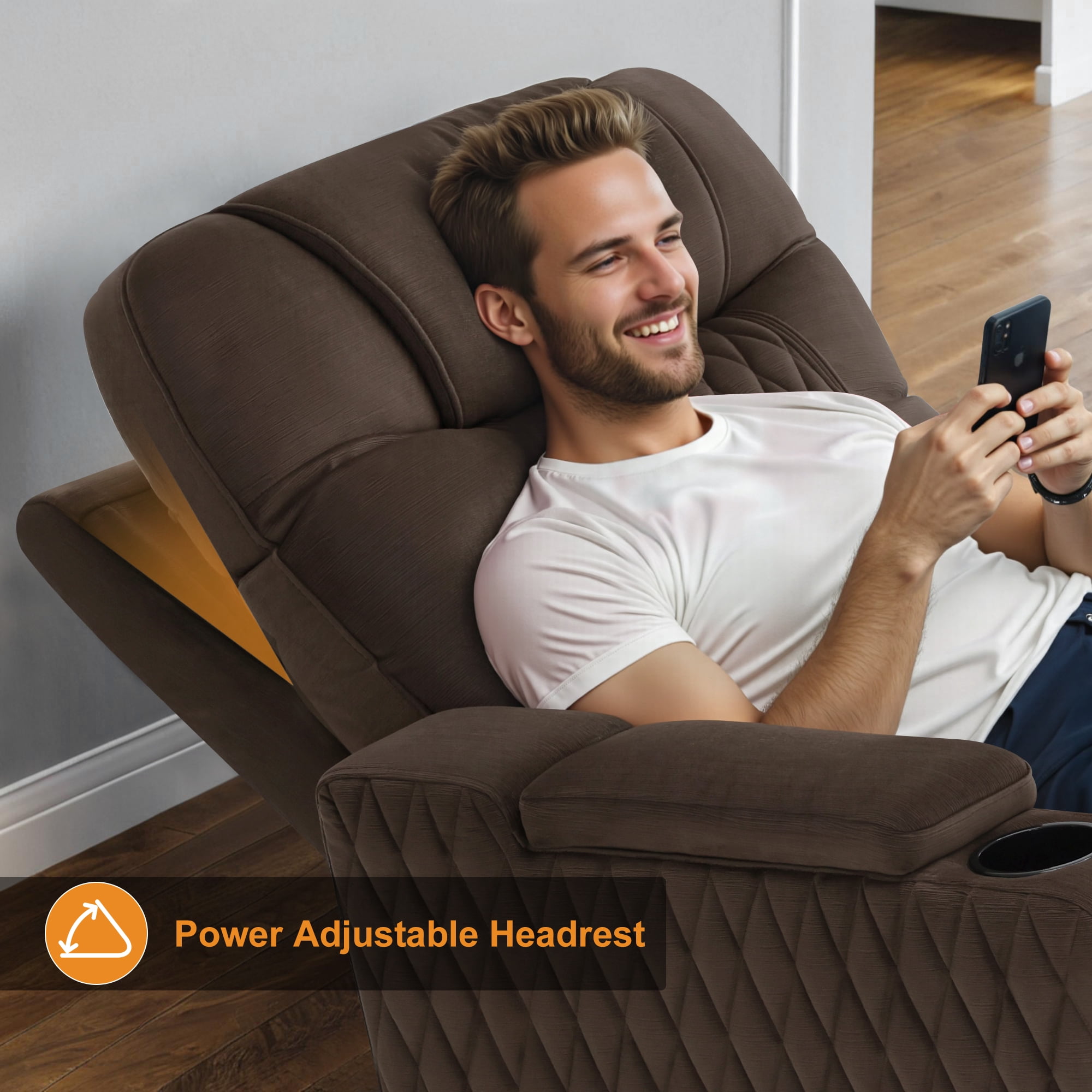 MCombo Power Recliner Chair with Power Headrest, LED Light, Armrest Storage for Living Room & Home Theater, Velvet, Brown